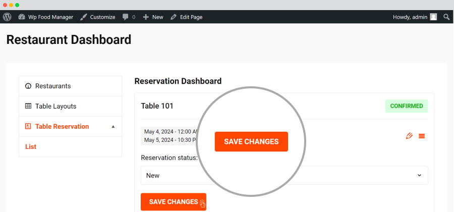 Restaurant Dashboard-Table Reservation-reservation status-Save Changes